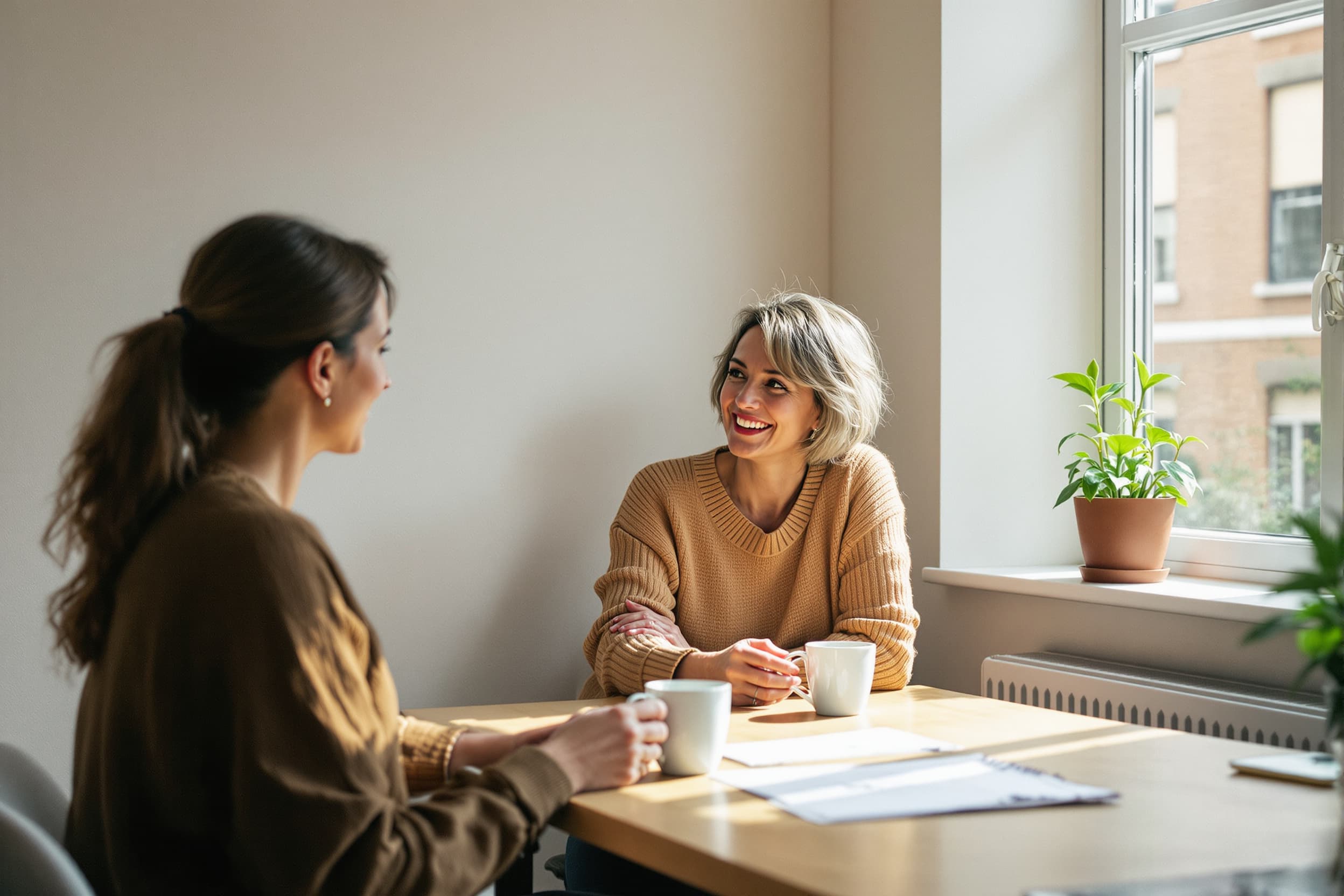 Zwei Kolleginnen sitzen mit Kaffeetassen an einem Tisch am Fenster und unterhalten sich, auf der Fensterbank steht eine Pflanze