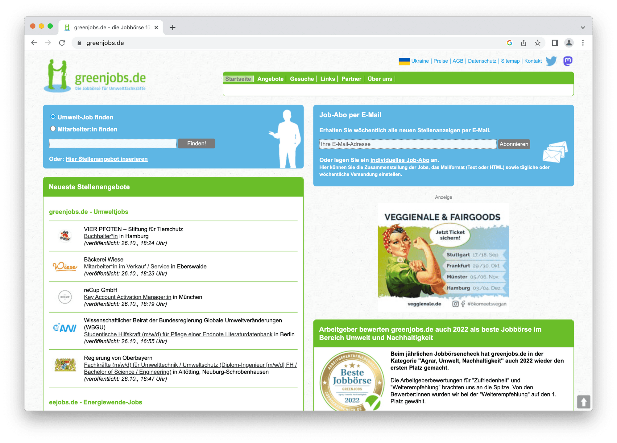 screenshot der alternativen jobbörse greenjobs