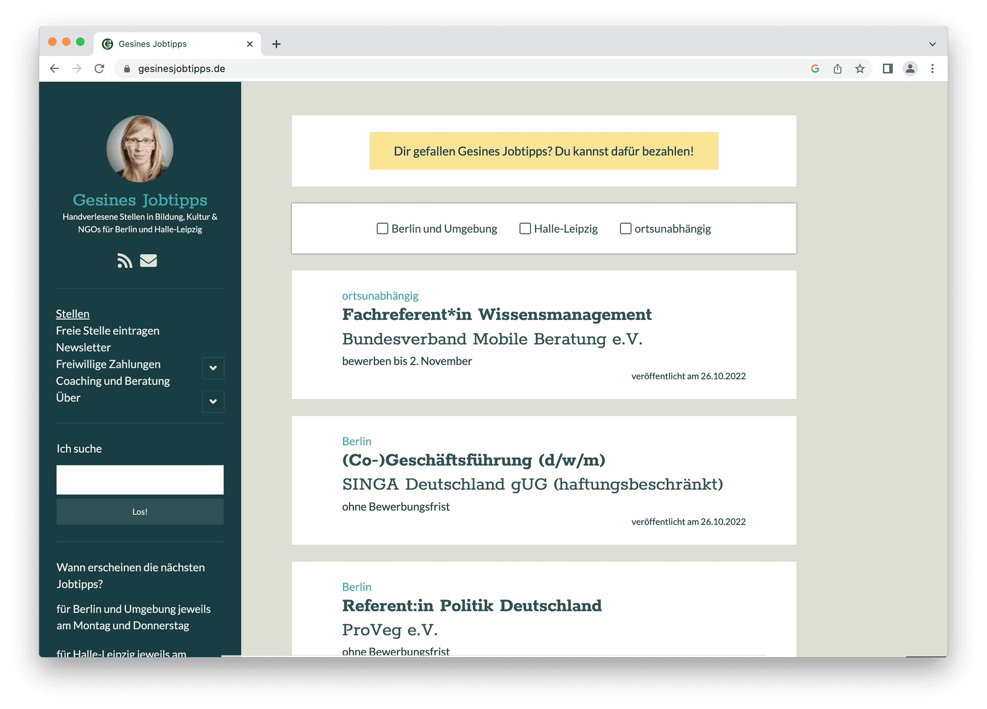 screenshot der alternativen jobbörse von gesine