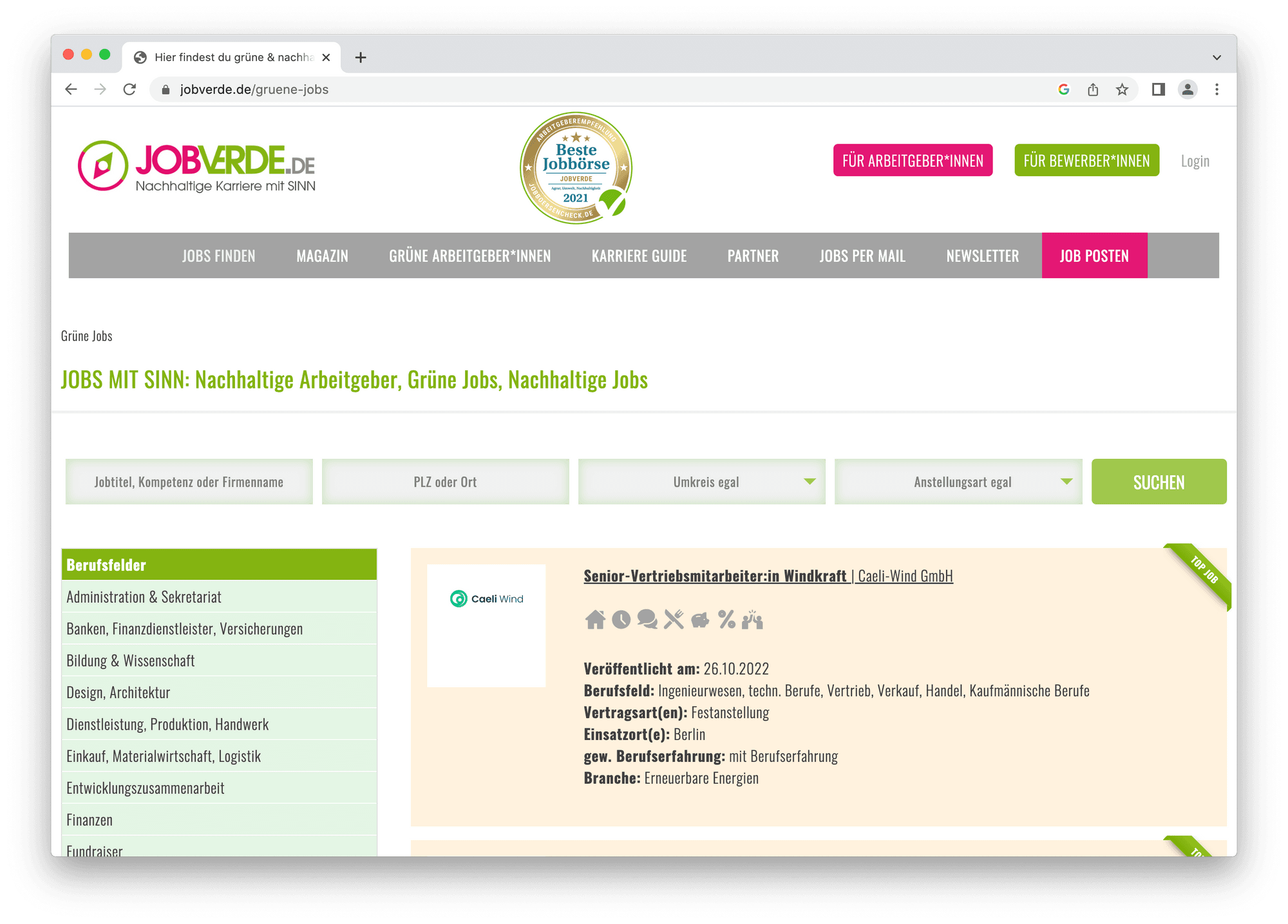 screenshot der alternativen jobbörse von jobverde