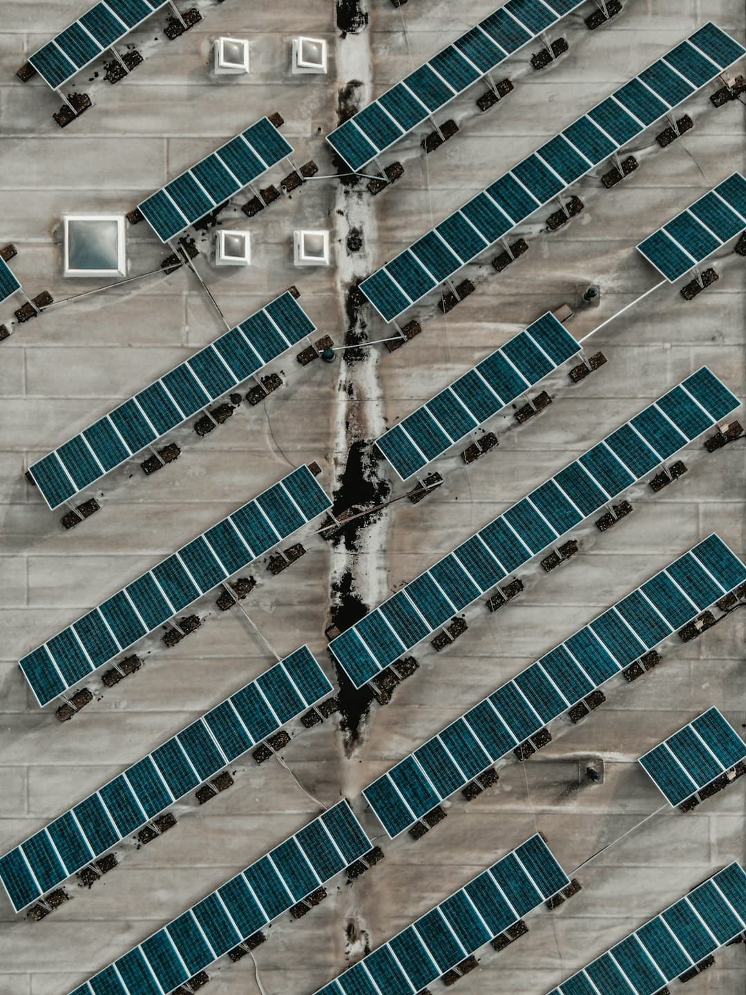 Luftaufnahme eines Flachdachs, auf dem lange Reihen aufgeständerter Solarmodule stehen